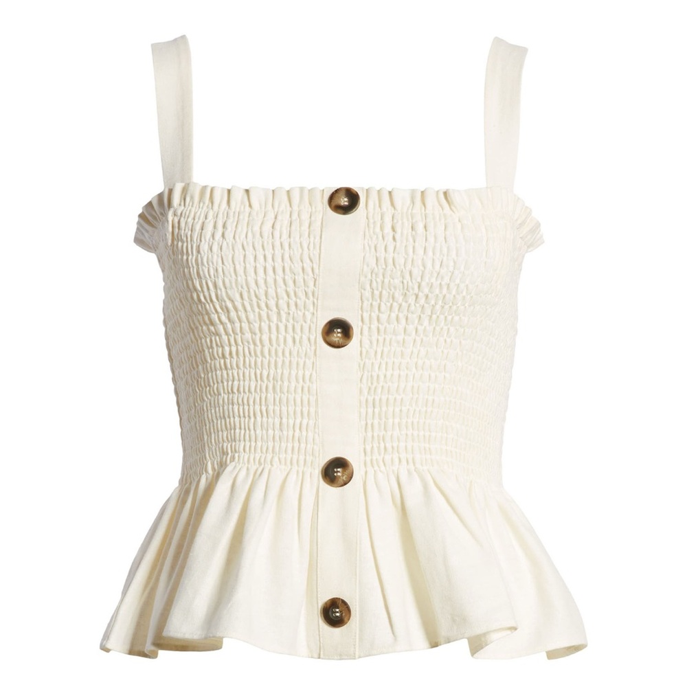 Socialite Cream Linen Peplum Button-Down Smocked Sleeveless Tank Top Size Medium - Picture 3 of 14